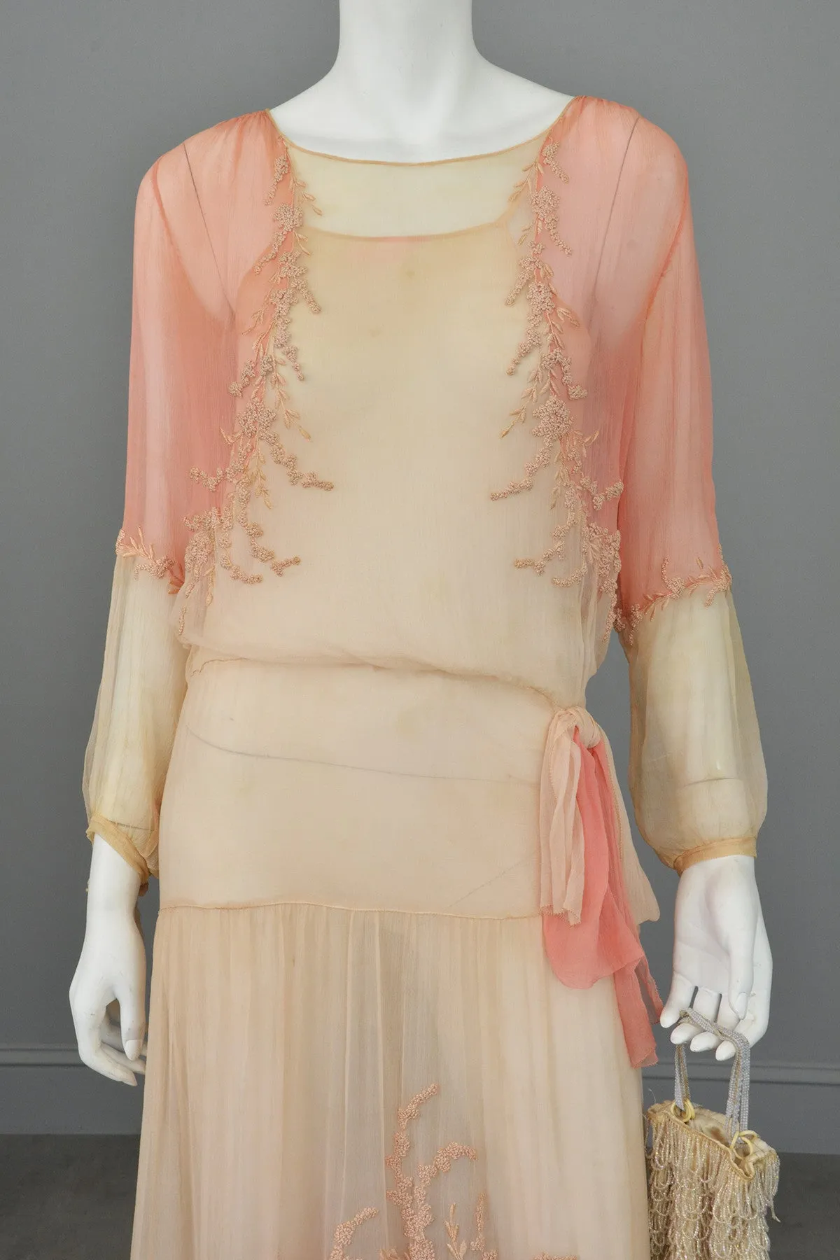 1920s Pink Cream Silk Chiffon French Knots Embroidered Peasant Dress/Restoration piece