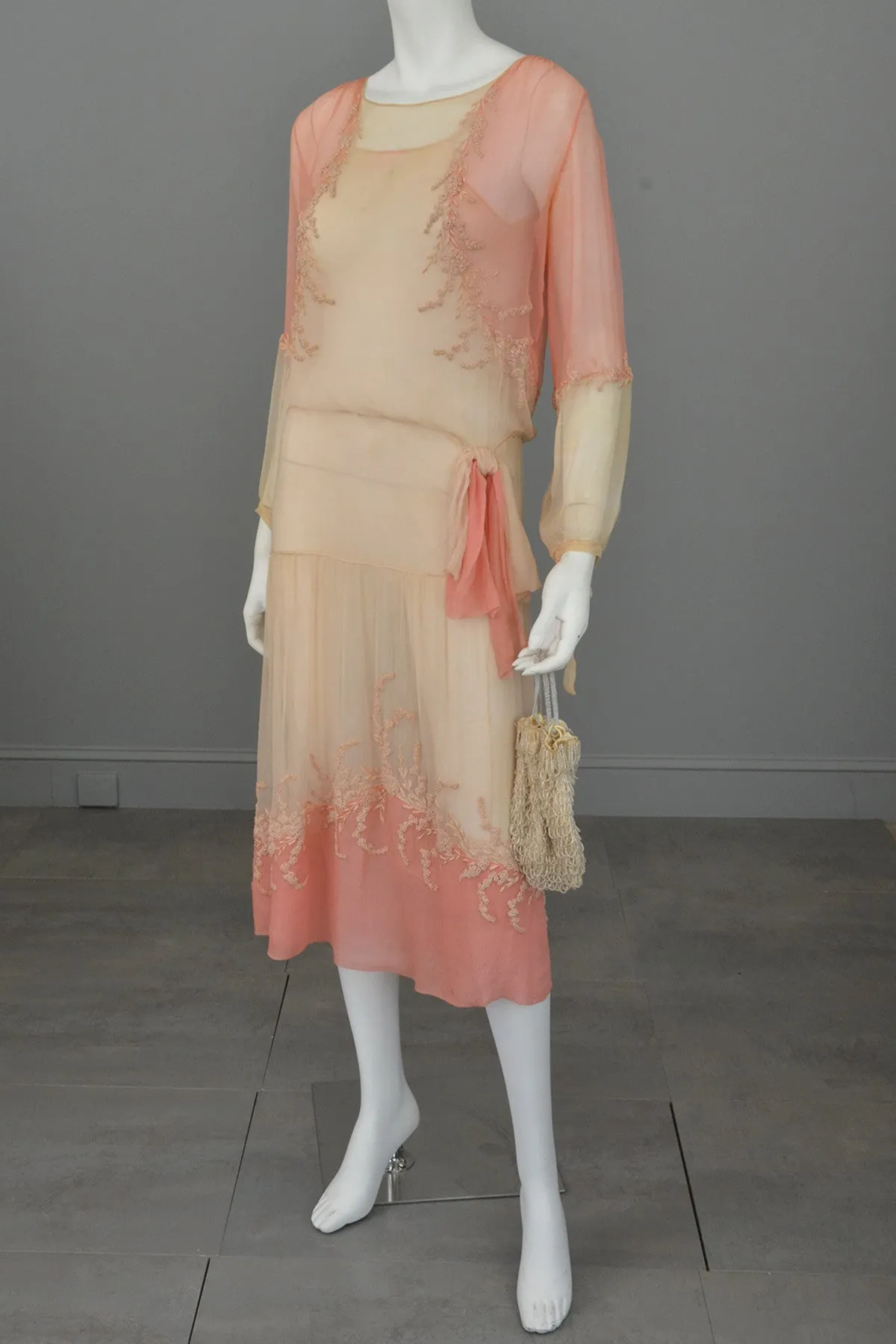 1920s Pink Cream Silk Chiffon French Knots Embroidered Peasant Dress/Restoration piece