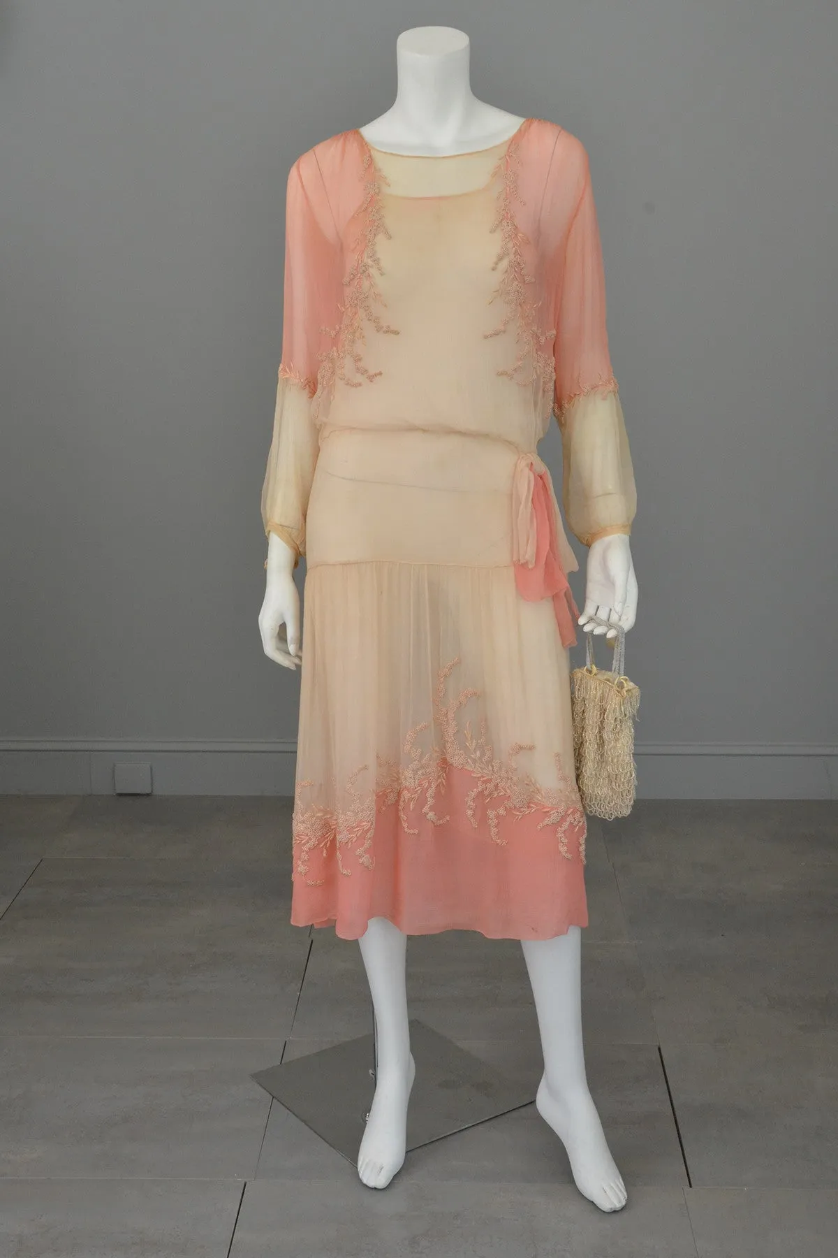 1920s Pink Cream Silk Chiffon French Knots Embroidered Peasant Dress/Restoration piece