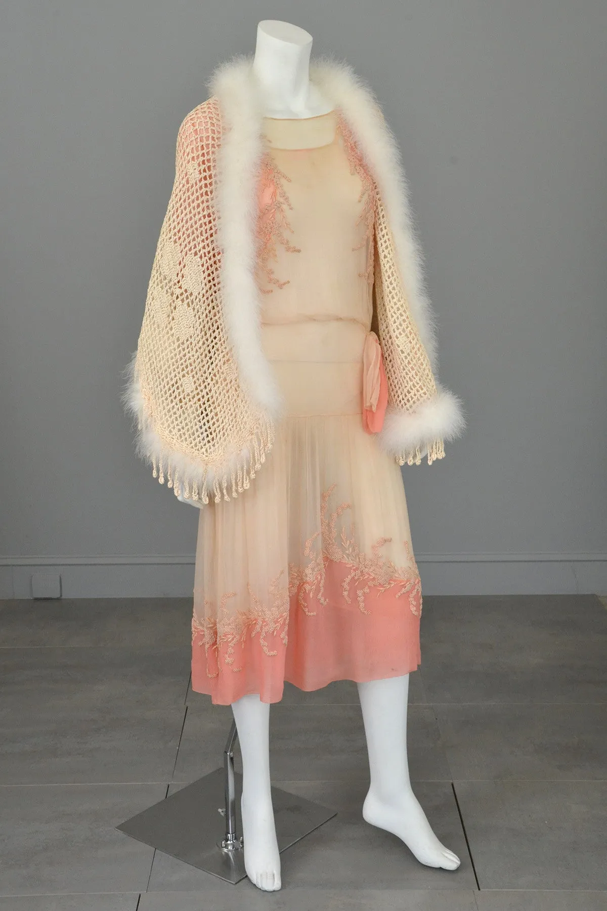 1920s Pink Cream Silk Chiffon French Knots Embroidered Peasant Dress/Restoration piece