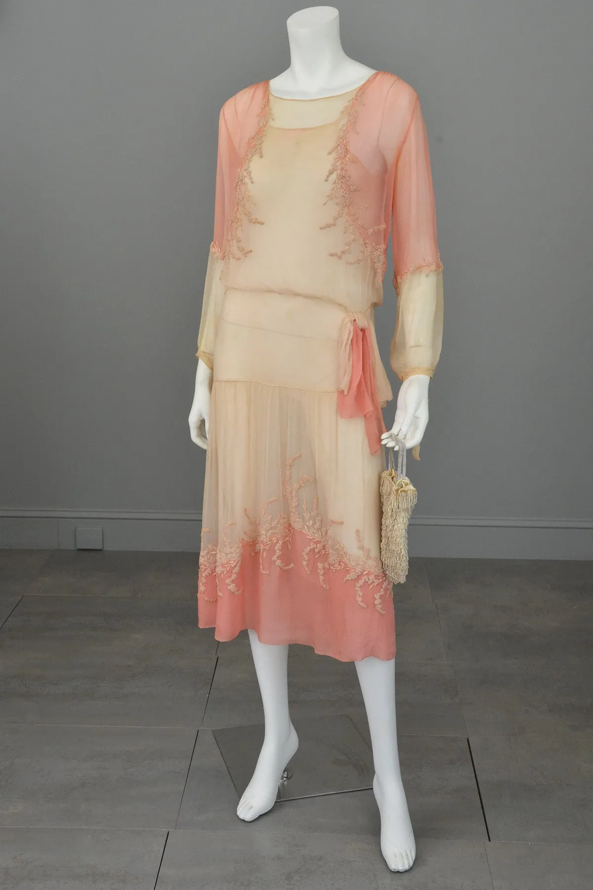 1920s Pink Cream Silk Chiffon French Knots Embroidered Peasant Dress/Restoration piece