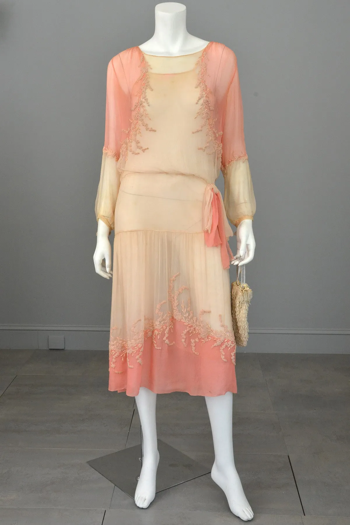 1920s Pink Cream Silk Chiffon French Knots Embroidered Peasant Dress/Restoration piece