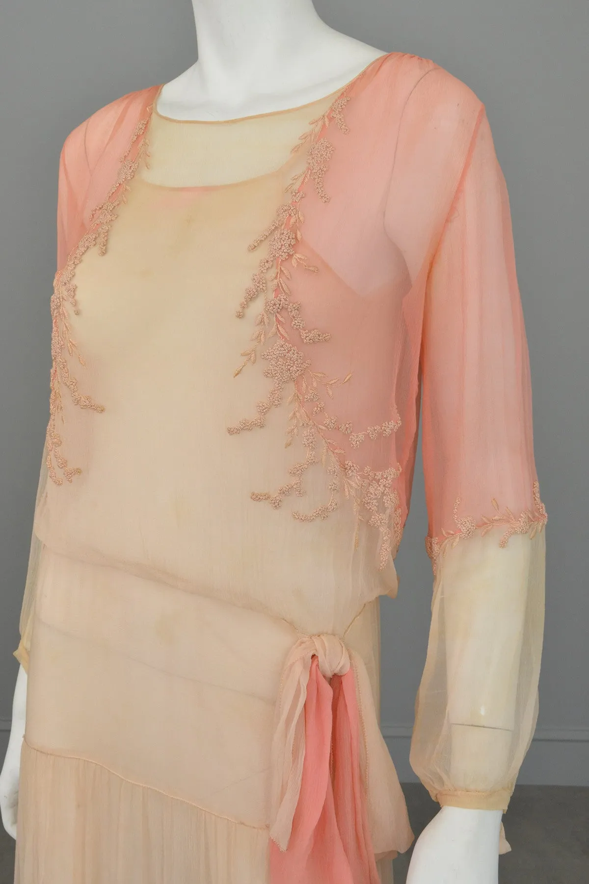 1920s Pink Cream Silk Chiffon French Knots Embroidered Peasant Dress/Restoration piece