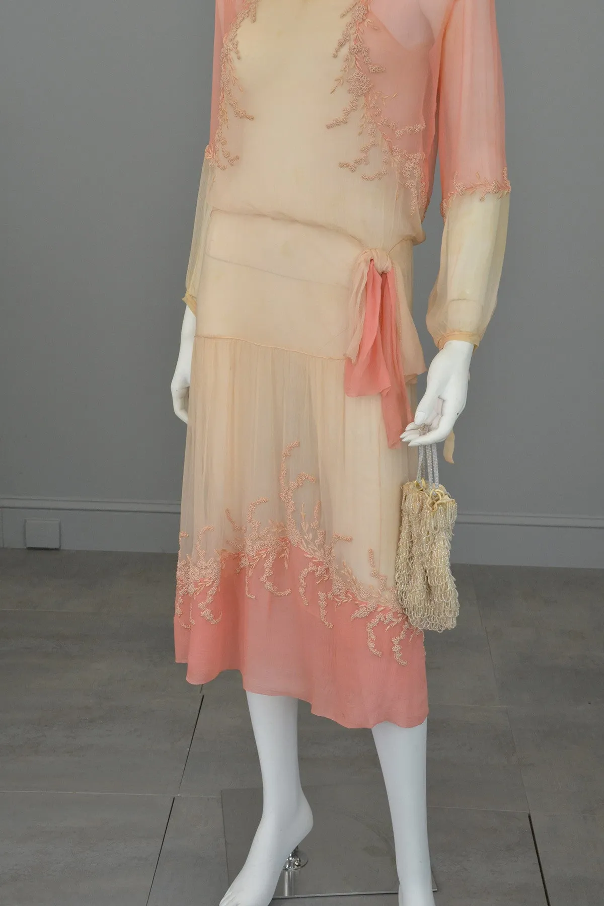 1920s Pink Cream Silk Chiffon French Knots Embroidered Peasant Dress/Restoration piece