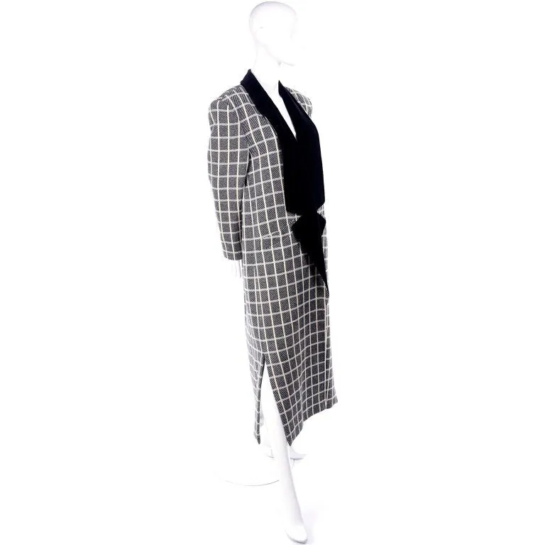 1980s Escada Black & Cream Plaid Coat With Black Velvet Lapels