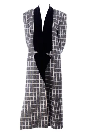 1980s Escada Black & Cream Plaid Coat With Black Velvet Lapels