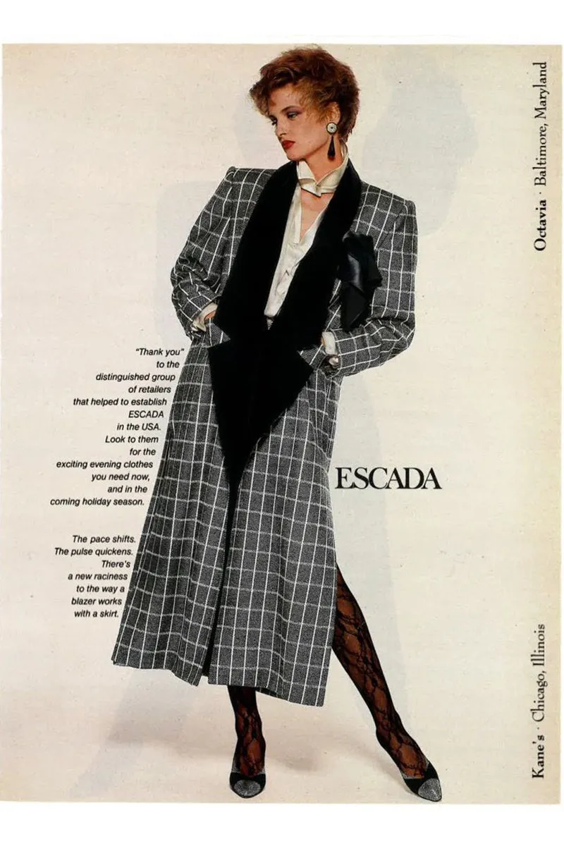 1980s Escada Black & Cream Plaid Coat With Black Velvet Lapels