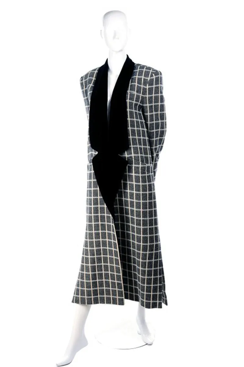 1980s Escada Black & Cream Plaid Coat With Black Velvet Lapels