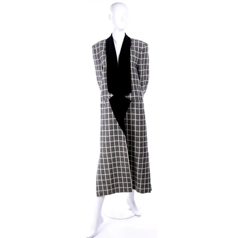 1980s Escada Black & Cream Plaid Coat With Black Velvet Lapels