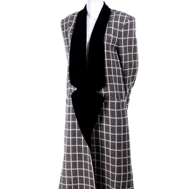 1980s Escada Black & Cream Plaid Coat With Black Velvet Lapels