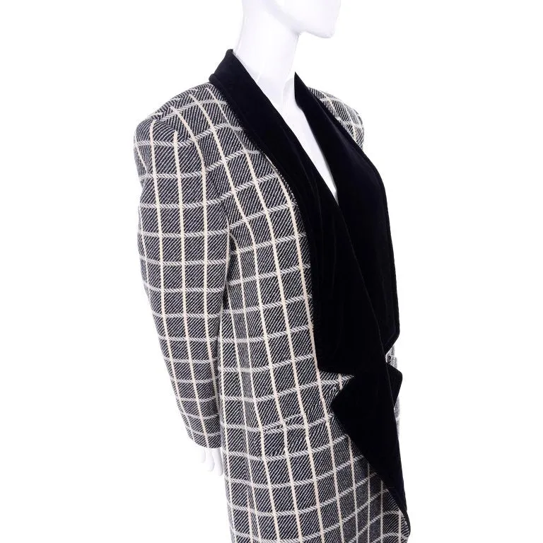 1980s Escada Black & Cream Plaid Coat With Black Velvet Lapels