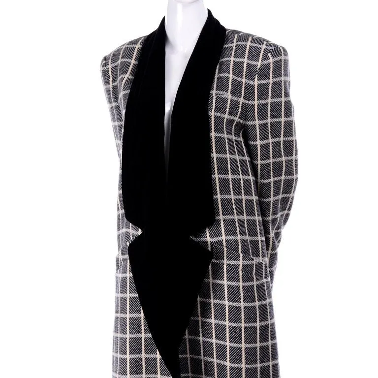 1980s Escada Black & Cream Plaid Coat With Black Velvet Lapels