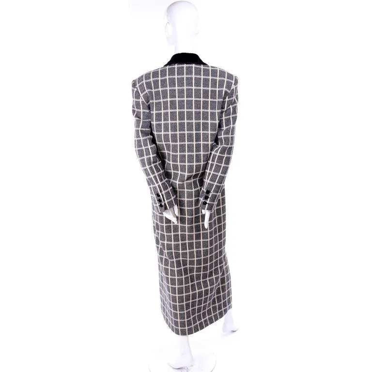 1980s Escada Black & Cream Plaid Coat With Black Velvet Lapels