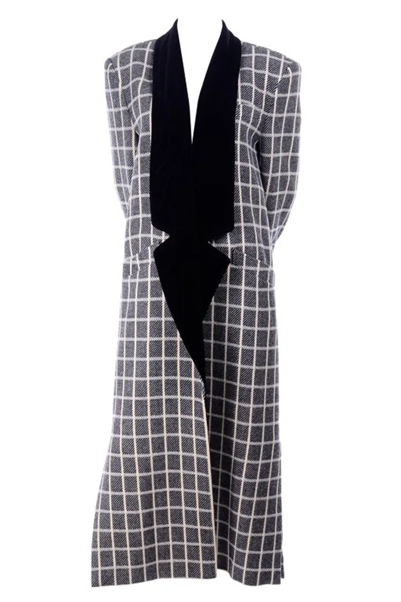 1980s Escada Black & Cream Plaid Coat With Black Velvet Lapels