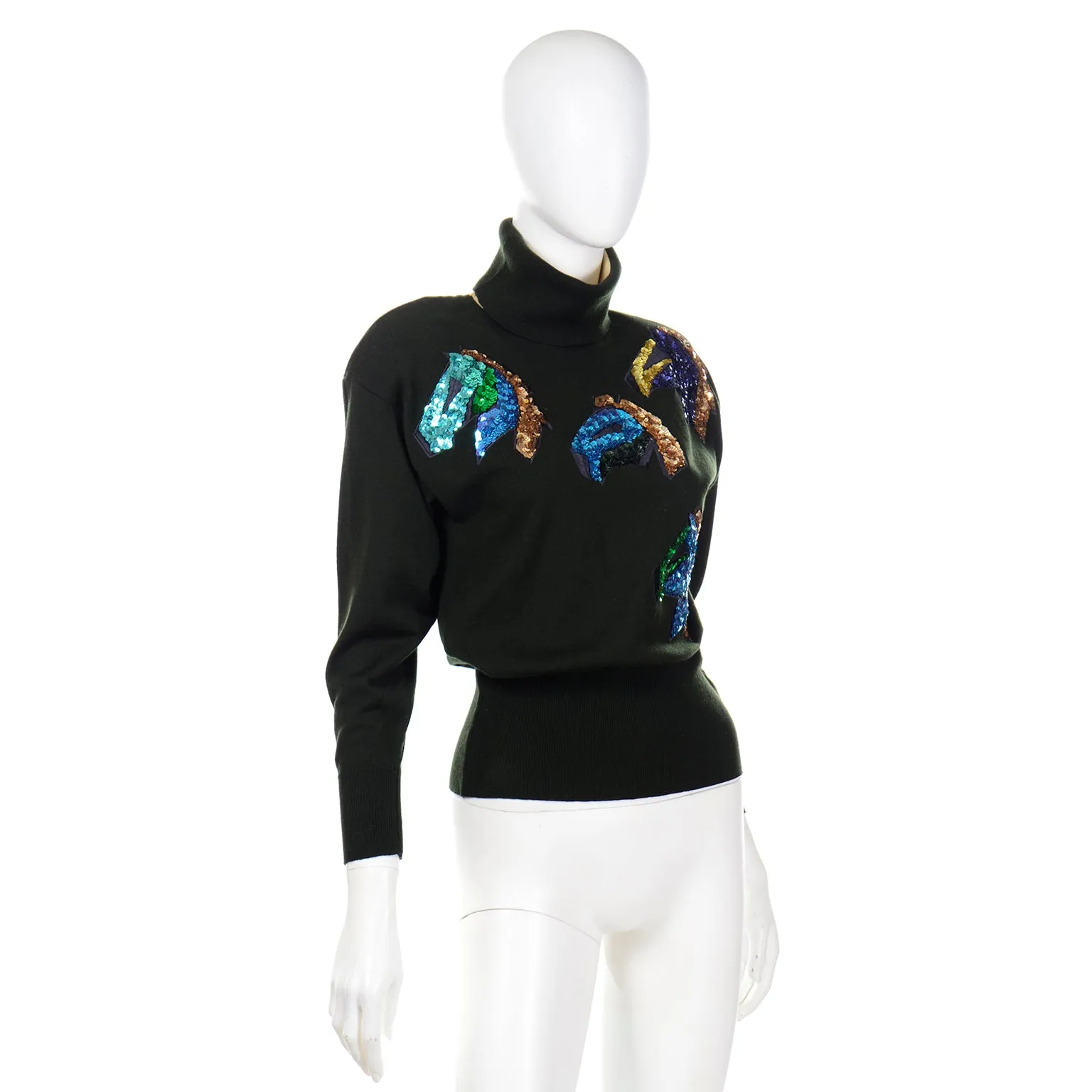 1980s Escada Margaretha Ley Colorful Sequin Horse Sweater