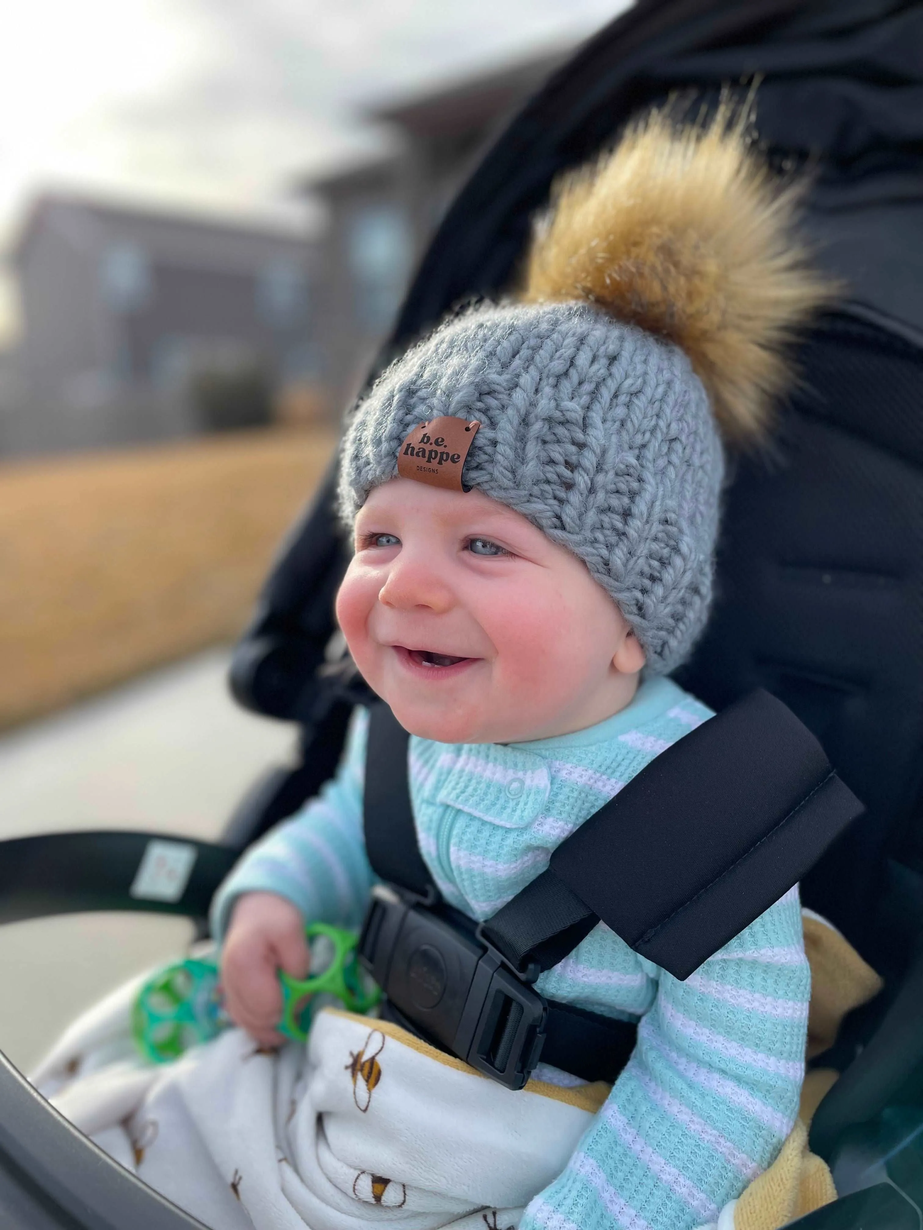 6-12 month Baby Solid Knit Pom Hat | Slate Gray