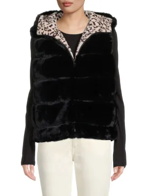 Adrienne Landau Black leopard reversible faux leopard fur hooded vest