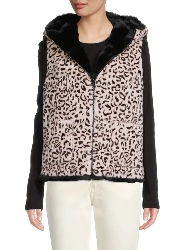 Adrienne Landau Black leopard reversible faux leopard fur hooded vest