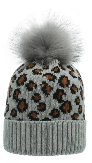 Adult Leopard Beanie - Grey