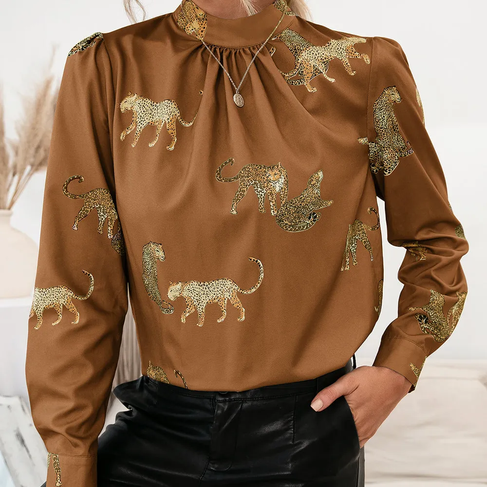 *APP EXCLUSIVE* Leopard Graphic Mock Neck Puff Sleeve Blouse