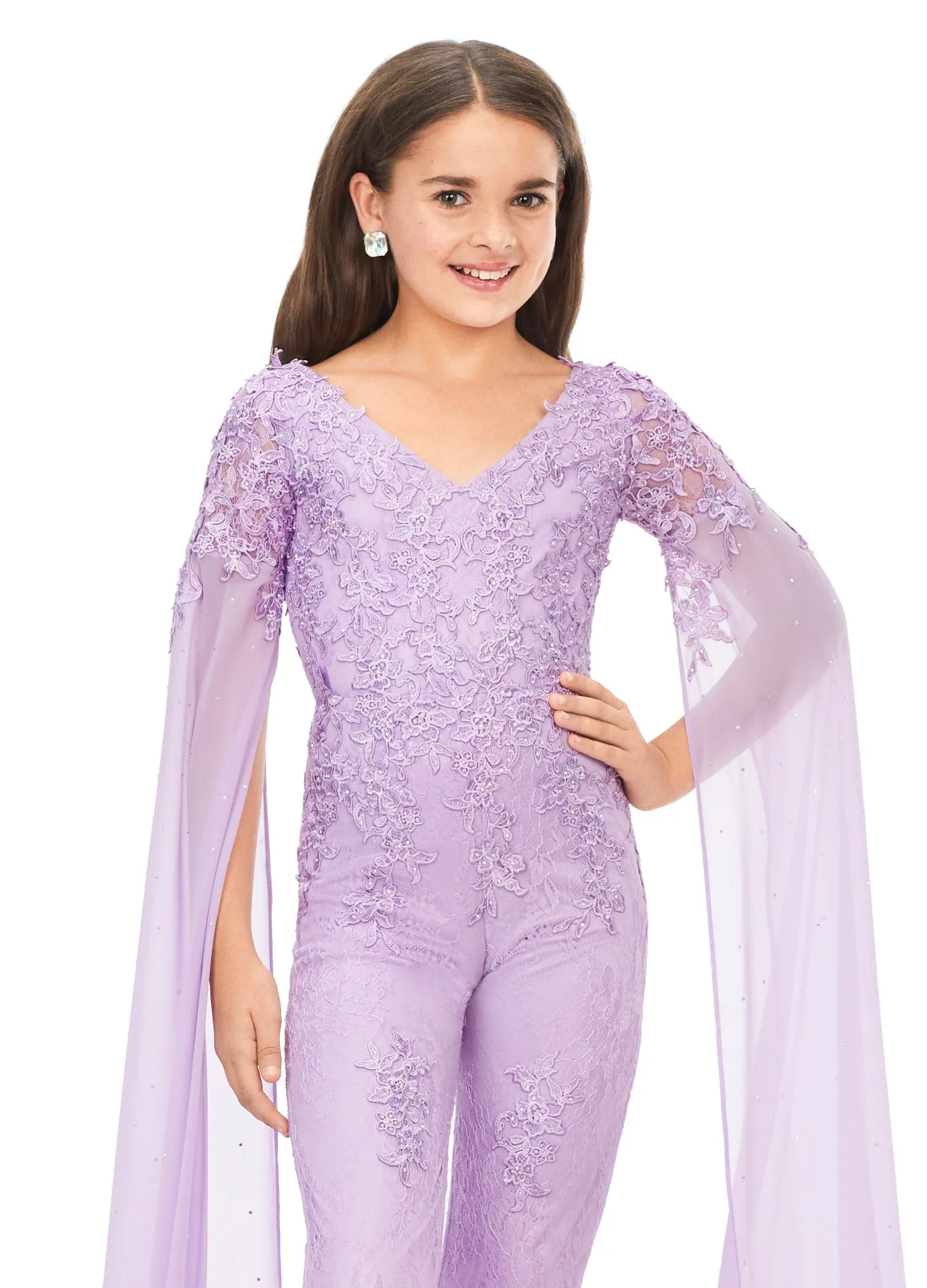 Ashley Lauren Kids 8162 Size 14 Lilac Lace Girls Jumpsuit Formal Fun Fashion V Neck Chiffon