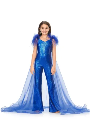 Ashley Lauren Kids 8174 Size 8, 10 Royal Girls Sequin Jumpsuit Cape Pageant Fun Fashion