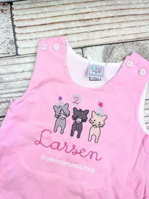 Baby girl monogrammed cat birthday jumper dress, monogrammed cat birthday party outfit, cat birthday cake smash