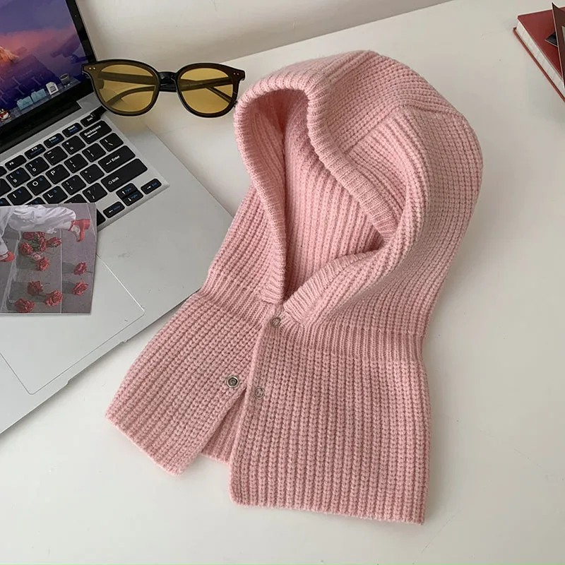 Balaklafa Stripe Pullover Warm Knit Beanie Pink Hat Scarf