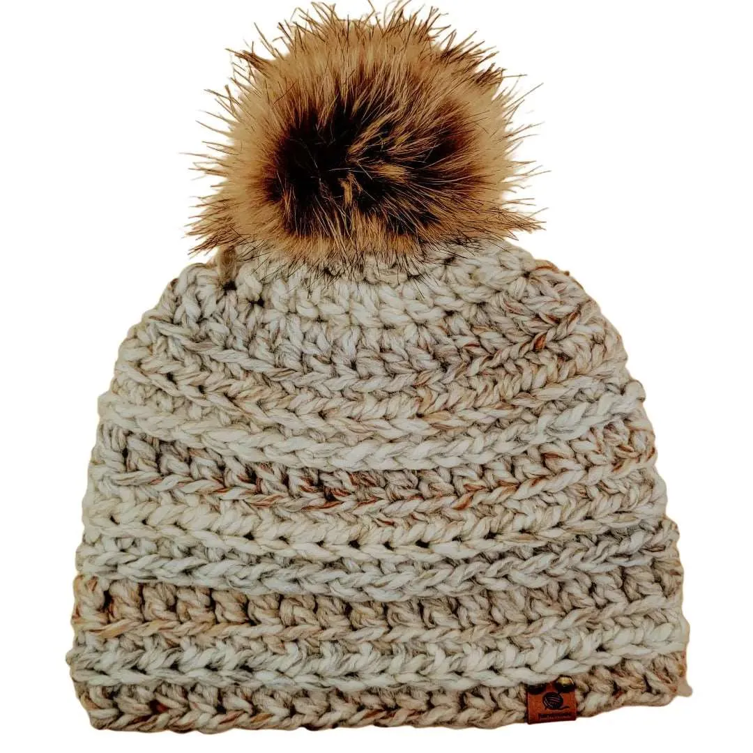 Beanie with Light Brown Wool and a Brown Pom Pom