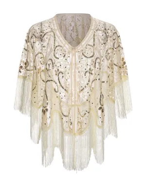 Beige 1920s Sequin Embroidered Fringed Cape