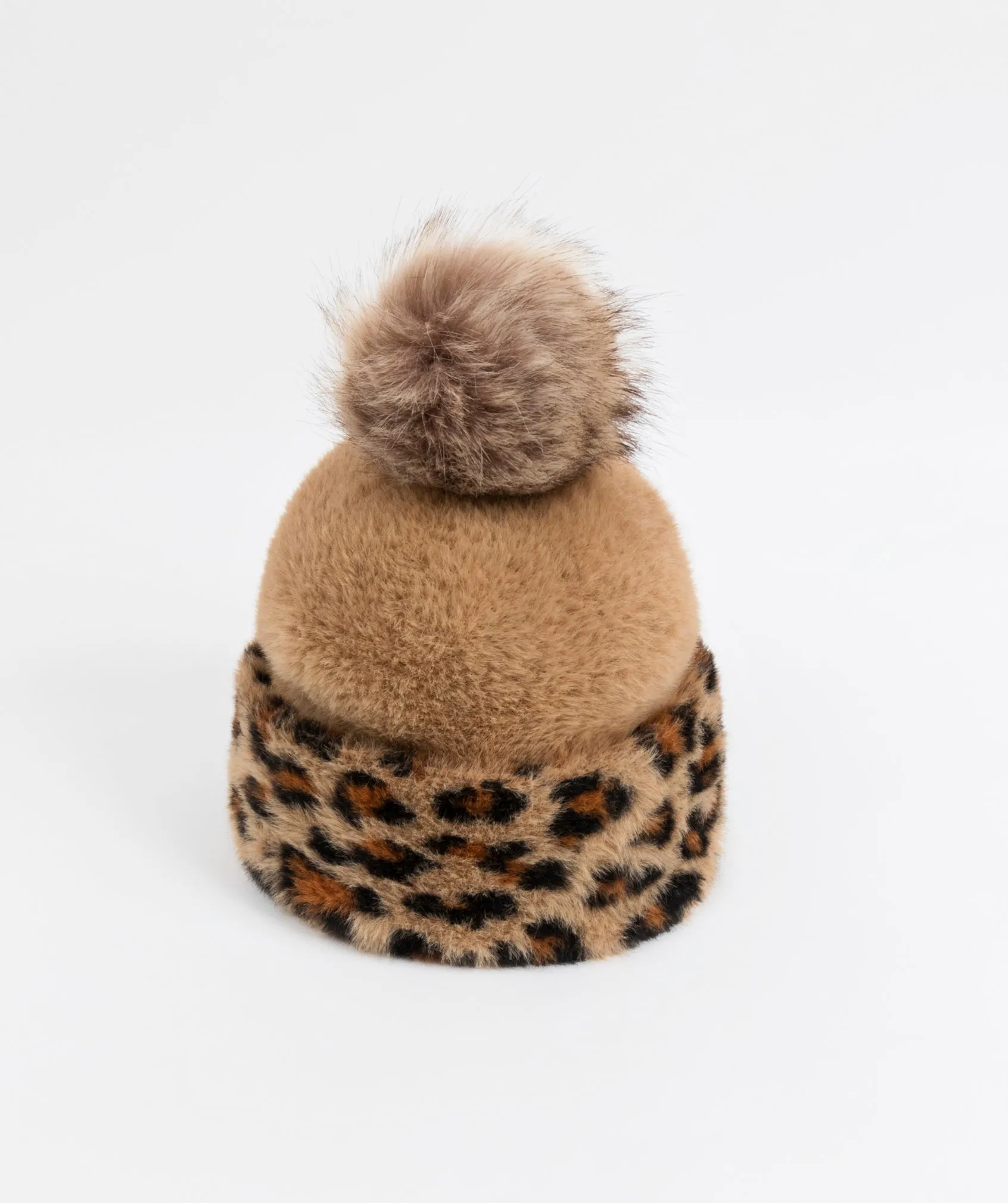 Beige Brown Leopard Print Pom Hat