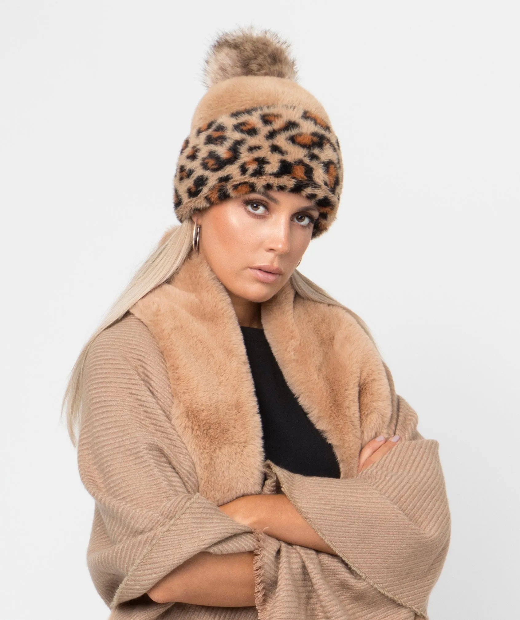 Beige Brown Leopard Print Pom Hat