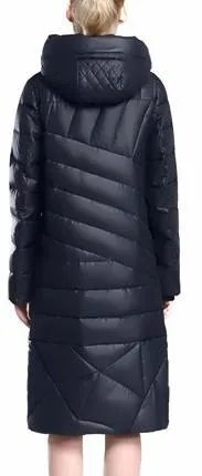 Belted Fur Pom Pom Puffer Down Coat in Dark Blue