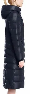 Belted Fur Pom Pom Puffer Down Coat in Dark Blue