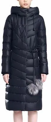 Belted Fur Pom Pom Puffer Down Coat in Dark Blue