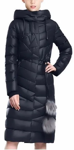 Belted Fur Pom Pom Puffer Down Coat in Dark Blue