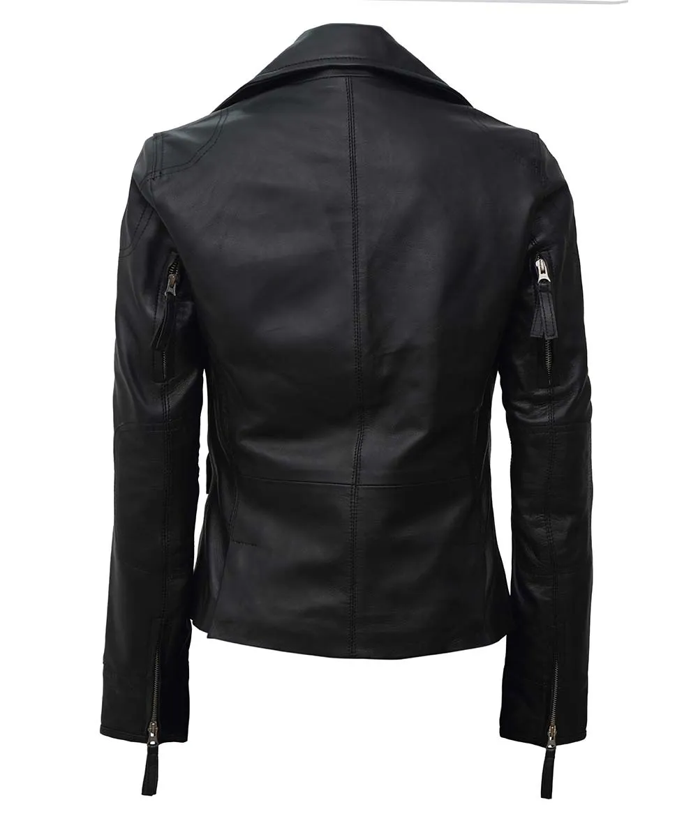 Black Asymmetrical Leather Biker Jacket Women