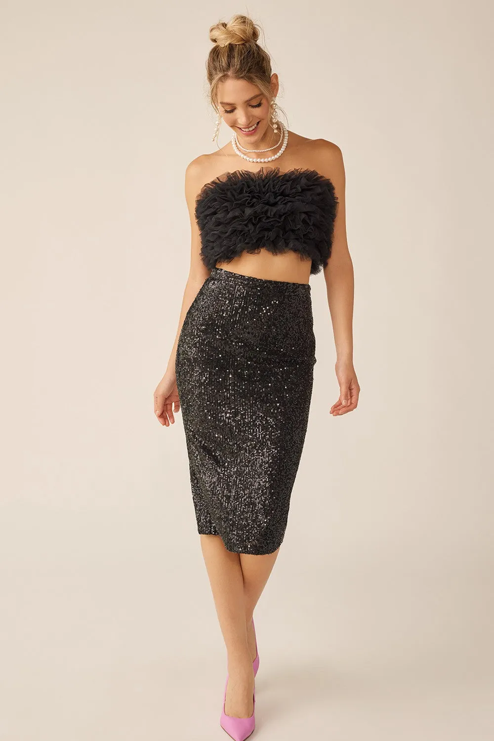 Black Classic Sequin Midi Skirt