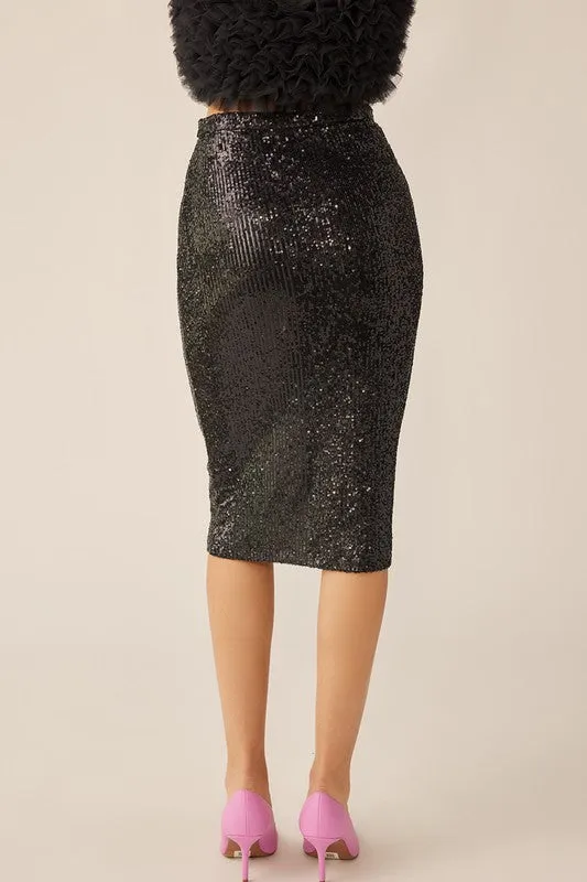 Black Classic Sequin Midi Skirt