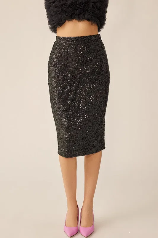 Black Classic Sequin Midi Skirt