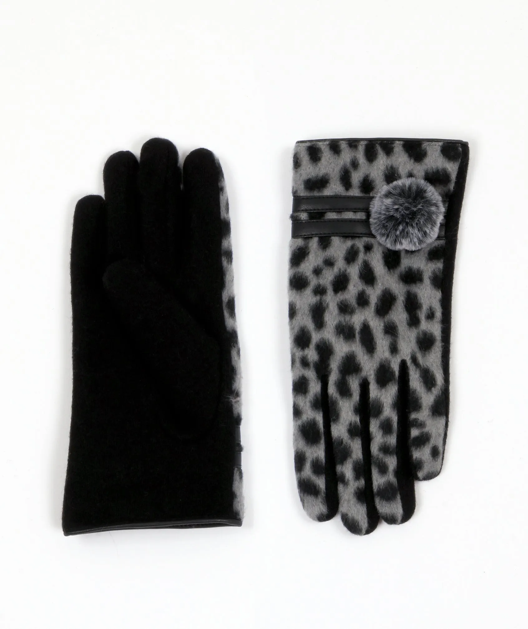 Black Grey Leopard Print Gloves with Pom Poms