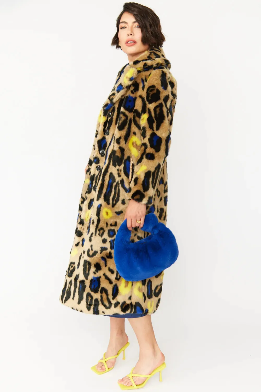 Blue Faux Fur Leopard Print Maxi Coat