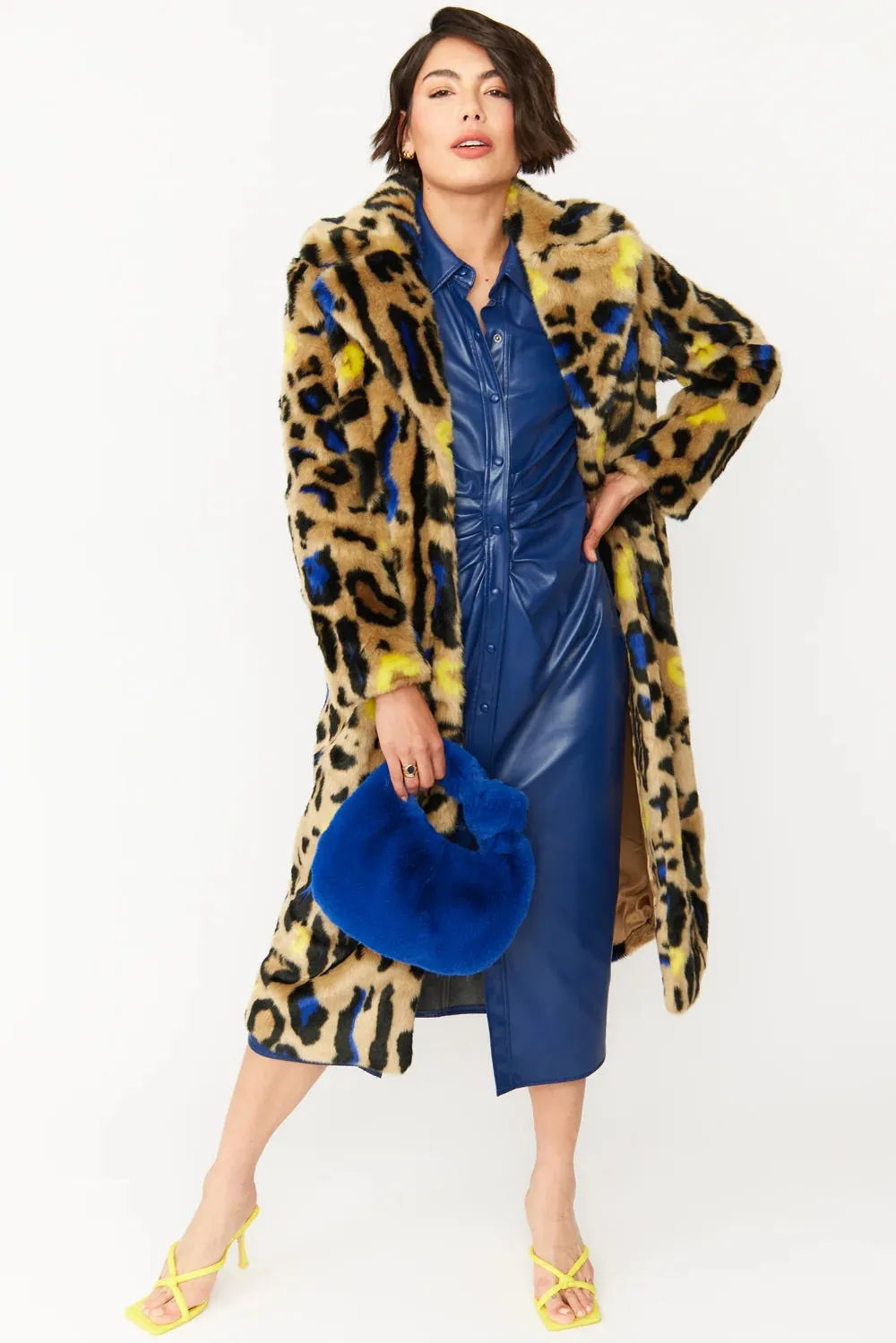 Blue Faux Fur Leopard Print Maxi Coat