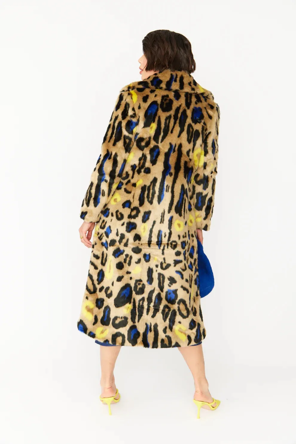 Blue Faux Fur Leopard Print Maxi Coat