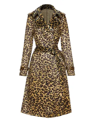 Brown 1950s Leopard Corduroy Lapel Belted Coat