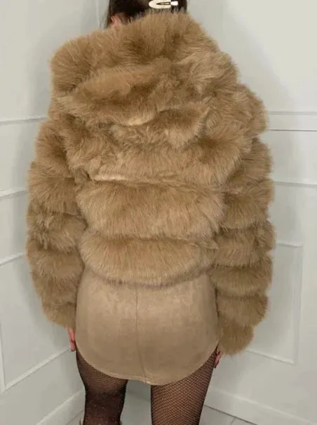 Brown Faux Fur Hooded Panel Cropped Coat Jacket