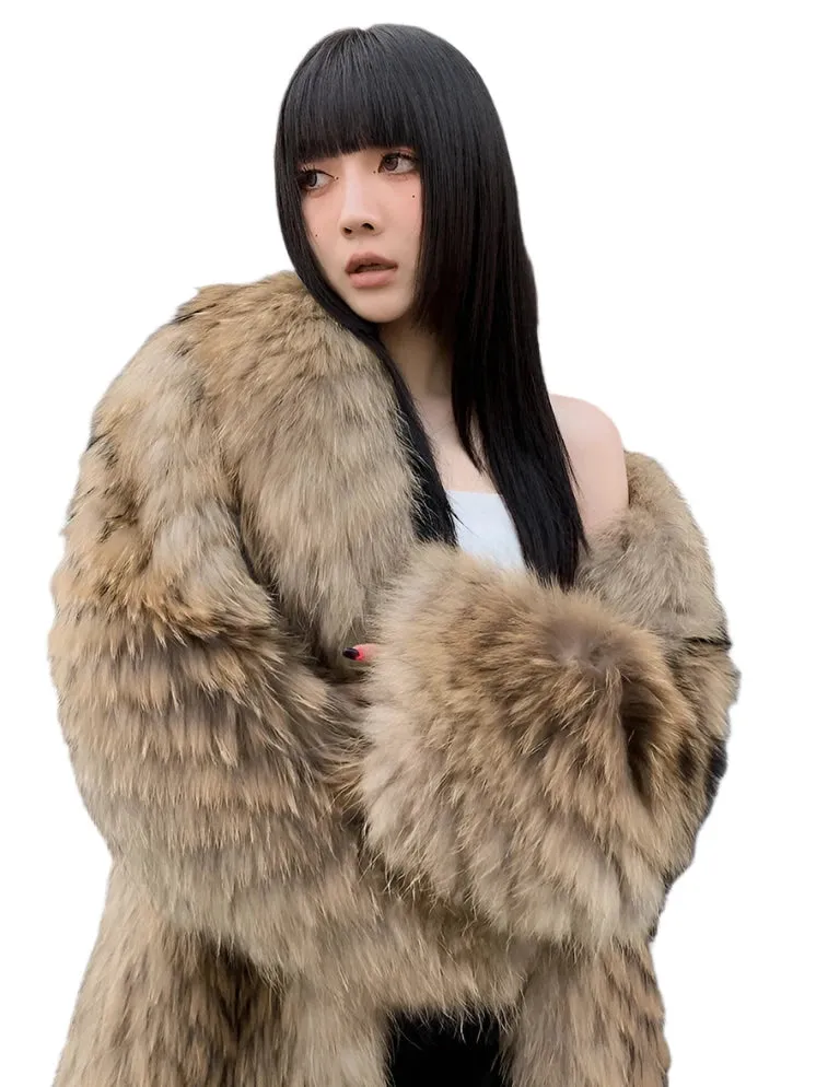 Brown Ribbed Design Fur Coat