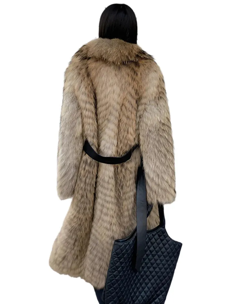 Brown Ribbed Design Fur Coat