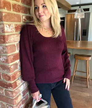 Burgundy Sparkle Metallic Scoop Neck Jumper