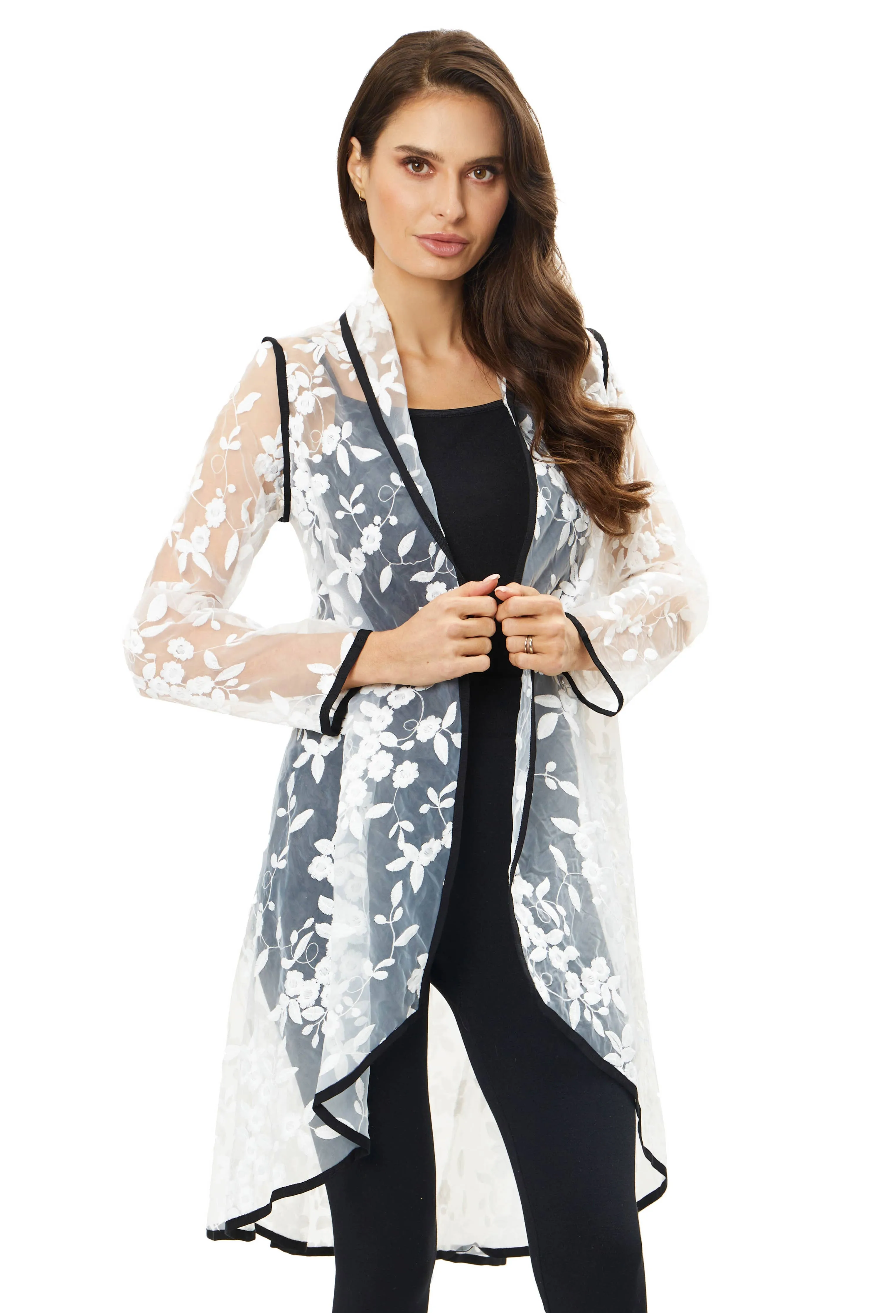 BY2618W - White Lace Duster with Black Trimming